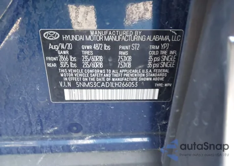 2020 Hyundai Santa Fe Sel z USA, uszkodzony, nr VIN 5NMS3CAD1LH266053